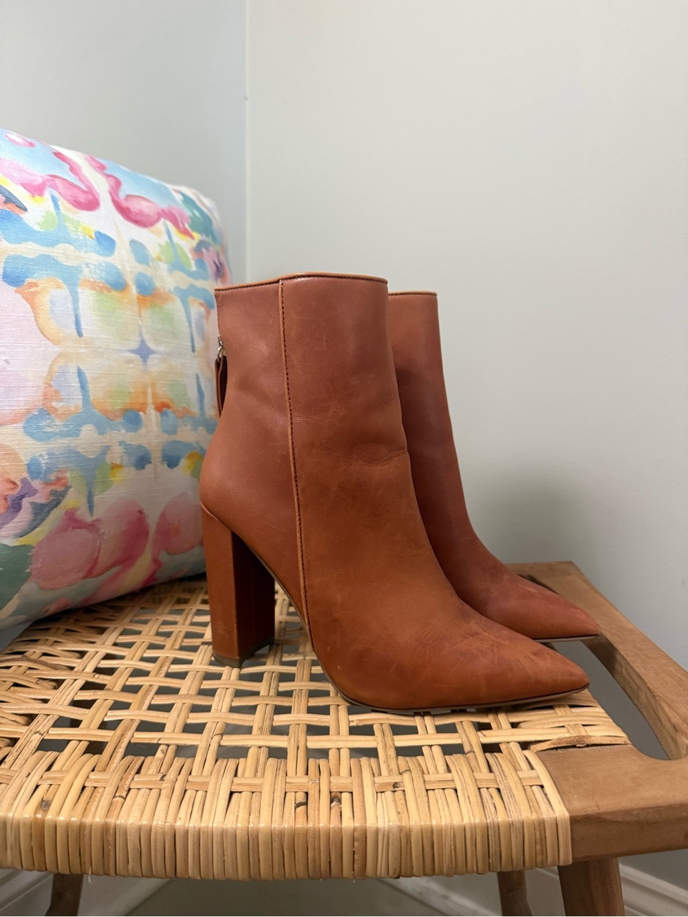 Women's Tan Leather Pointed Toe Block Heel Ankle Boots